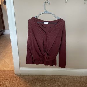 Maroon Long Sleeve Button Down V Neck Sweater